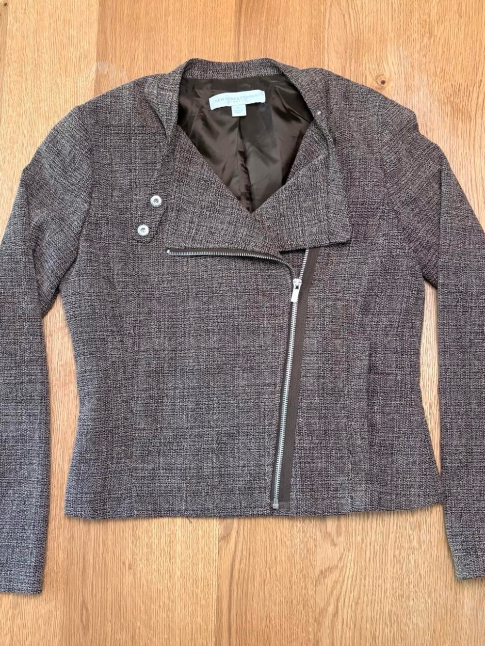 New York & Company Gray/Brown Asymmetrical Zip Tweed Blazer